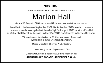 Traueranzeige von Marion Hall von Der Westallgäuer