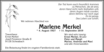 Traueranzeige von Marlene Merkel von Allgäuer Anzeigeblatt