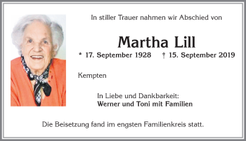 Traueranzeige von Martha Lill von Allgäuer Anzeigeblatt