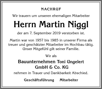 Traueranzeige von Martin Niggl von Allgäuer Zeitung, Füssen