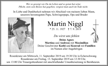 Traueranzeige von Martin Niggl von Allgäuer Zeitung, Füssen