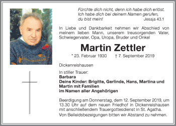 Traueranzeige von Martin Zettler von Memminger Zeitung