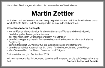 Traueranzeige von Martin Zettler von Memminger Zeitung