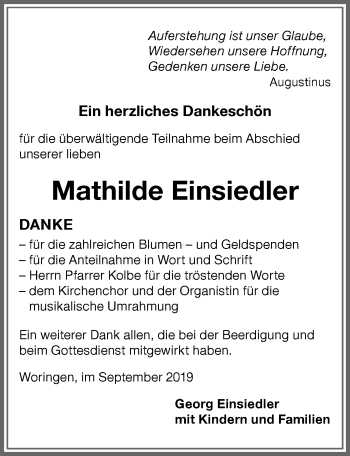 Traueranzeige von Mathilde Einsiedler von Memminger Zeitung