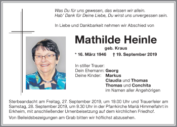 Traueranzeige von Mathilde Heinle von Memminger Zeitung