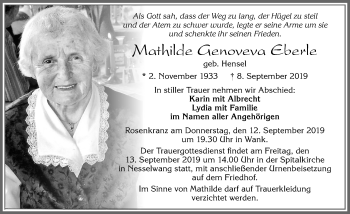 Traueranzeige von Mathilde Genoveva Eberle von Allgäuer Zeitung