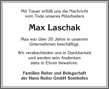 Traueranzeige von Max Laschak von Allgäuer Anzeigeblatt