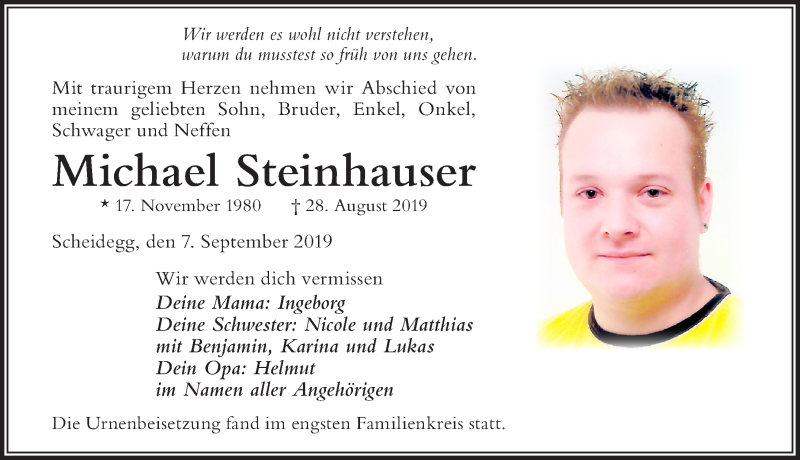  Traueranzeige für Michael Steinhauser vom 07.09.2019 aus Der Westallgäuer