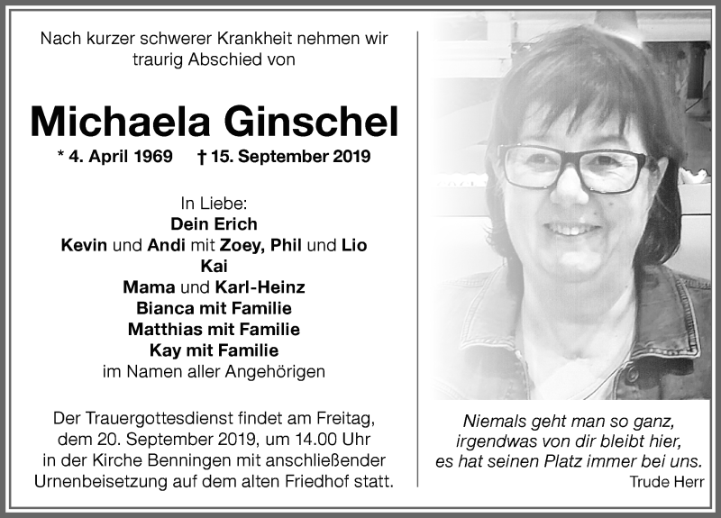  Traueranzeige für Michaela Ginschel vom 19.09.2019 aus Memminger Zeitung