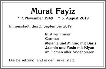 Traueranzeige von Murat Fayiz von Allgäuer Anzeigeblatt