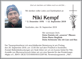 Traueranzeige von Niki Kempf von Allgäuer Anzeigeblatt