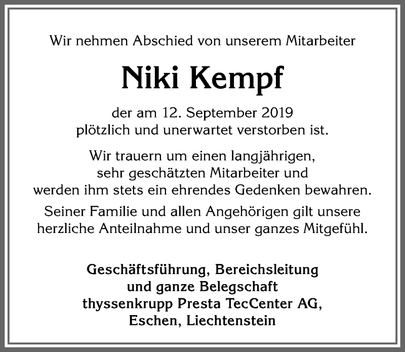  Traueranzeige für Niki Kempf vom 19.09.2019 aus Allgäuer Anzeigeblatt
