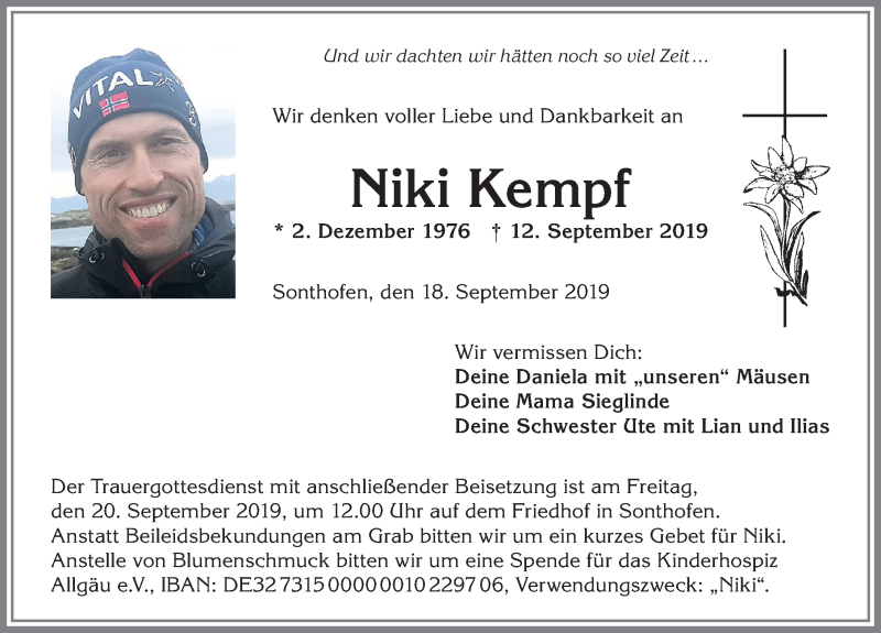  Traueranzeige für Niki Kempf vom 18.09.2019 aus Allgäuer Anzeigeblatt