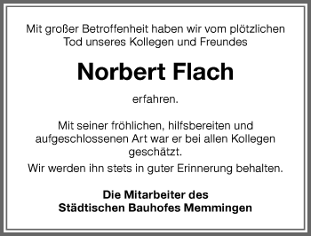 Traueranzeige von Norbert Flach von Memminger Zeitung