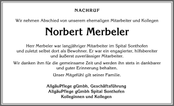 Traueranzeige von Norbert Merbeler von Allgäuer Anzeigeblatt