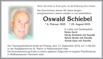 Traueranzeige von Oswald Schiebel von Allgäuer Zeitung, Marktoberdorf