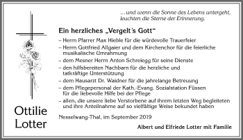 Traueranzeige von Ottilie Lotter von Allgäuer Zeitung, Füssen