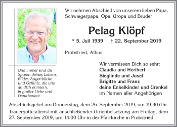 Traueranzeige von Pelag Klöpf von Allgäuer Zeitung,Kempten