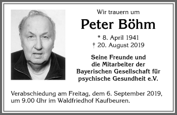 Traueranzeige von Peter Böhm von Allgäuer Zeitung, Kaufbeuren/Buchloe