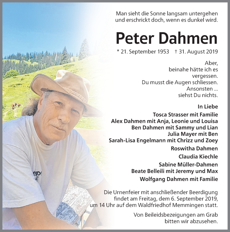  Traueranzeige für Peter Dahmen vom 04.09.2019 aus Memminger Zeitung