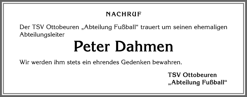 Traueranzeige für Peter Dahmen vom 05.09.2019 aus Memminger Zeitung