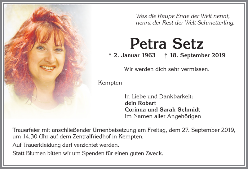  Traueranzeige für Petra Setz vom 21.09.2019 aus Allgäuer Zeitung,Kempten