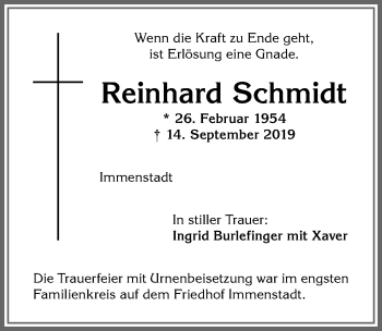 Traueranzeige von Reinhard Schmidt von Allgäuer Anzeigeblatt