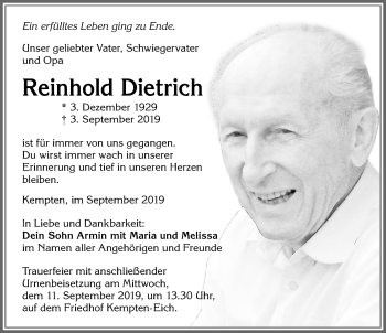 Traueranzeige von Reinhold Dietrich von Allgäuer Zeitung,Kempten