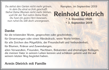 Traueranzeige von Reinhold Dietrich von Allgäuer Zeitung,Kempten