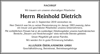 Traueranzeige von Reinhold Dietrich von Allgäuer Zeitung,Kempten