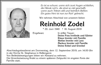 Traueranzeige von Reinhold Zodel von Allgäuer Zeitung,Kempten
