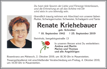 Traueranzeige von Renate Kriehebauer von Allgäuer Zeitung, Kaufbeuren/Buchloe