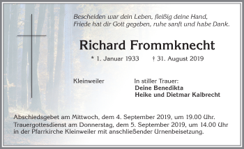 Traueranzeige von Richard Frommknecht von Allgäuer Zeitung,Kempten