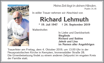 Traueranzeige von Richard Lehmuth von Allgäuer Zeitung,Kempten