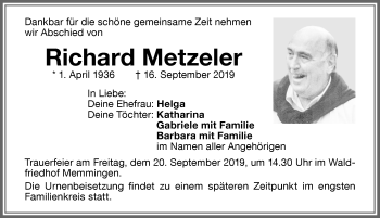 Traueranzeige von Richard Metzeler von Memminger Zeitung