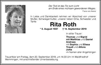 Traueranzeige von Rita Roth von Memminger Zeitung
