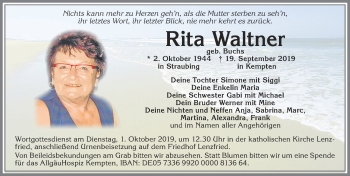 Traueranzeige von Rita Waltner von Allgäuer Zeitung,Kempten