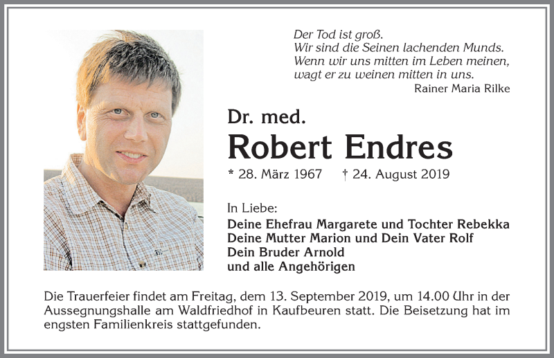  Traueranzeige für Robert Endres vom 07.09.2019 aus Allgäuer Zeitung, Kaufbeuren/Buchloe