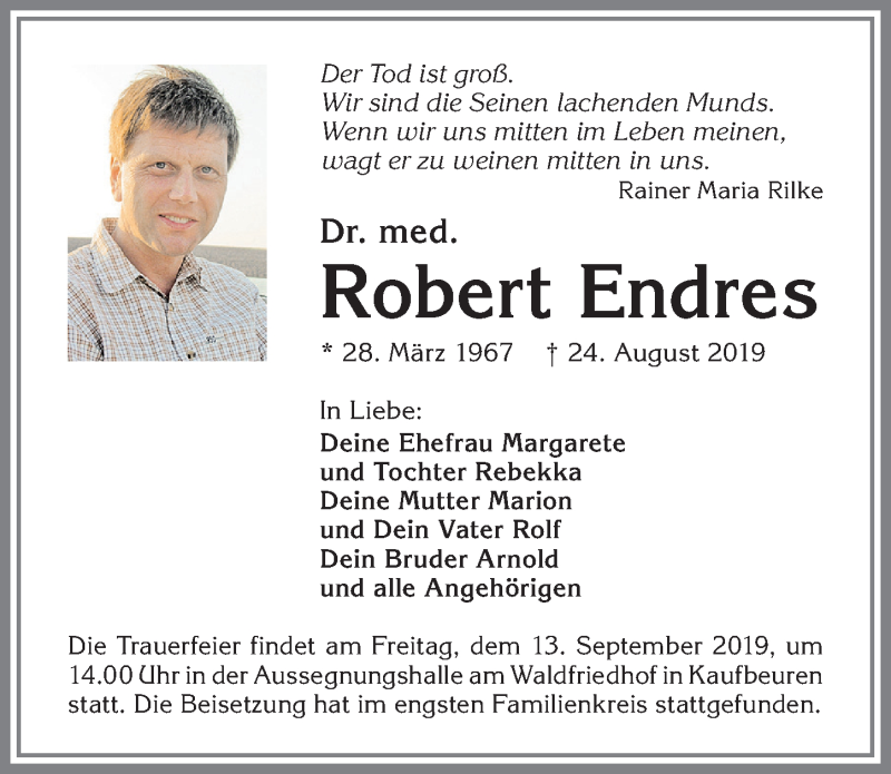  Traueranzeige für Robert Endres vom 07.09.2019 aus Allgäuer Zeitung, Marktoberdorf