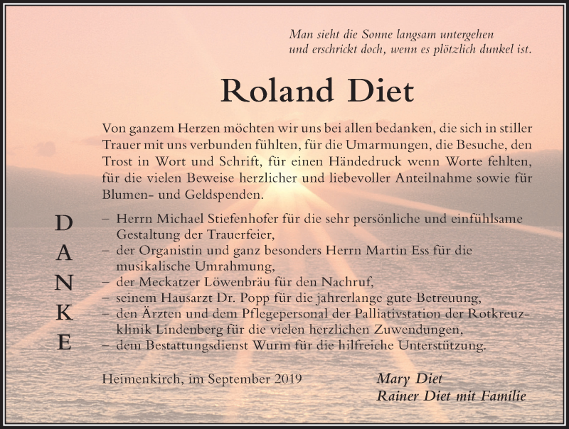  Traueranzeige für Roland Diet vom 04.09.2019 aus Der Westallgäuer