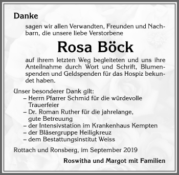 Traueranzeige von Rosa Böck von Allgäuer Zeitung,Kempten
