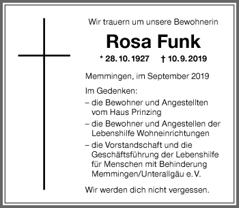 Traueranzeige von Rosa Funk von Memminger Zeitung