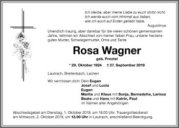 Traueranzeige von Rosa Wagner von Memminger Zeitung