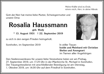 Traueranzeige von Rosalia Haussmann von Allgäuer Anzeigeblatt