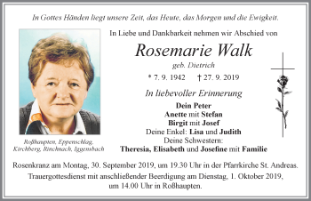 Traueranzeige von Rosemarie Walk von Allgäuer Zeitung, Füssen