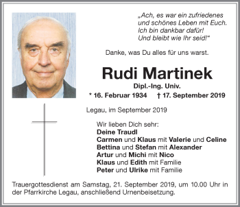 Traueranzeige von Rudi Martinek von Memminger Zeitung