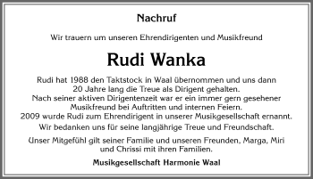 Traueranzeige von Rudi Wanka von Allgäuer Zeitung, Kaufbeuren/Buchloe