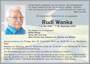 Traueranzeige von Rudi Wanka von Allgäuer Zeitung