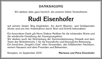 Traueranzeige von Rudl Eisenhofer von Allgäuer Zeitung,Kempten