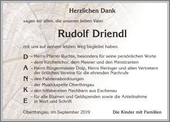 Traueranzeige von Rudolf Driendl von Allgäuer Zeitung, Marktoberdorf